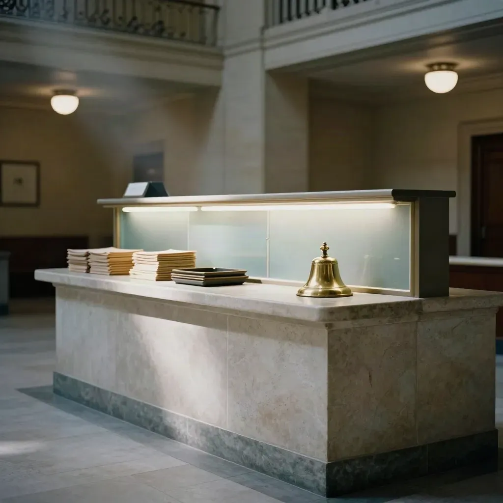 Empty city hall lobby counter with brass bell, folders, and frosted glass in warm light.