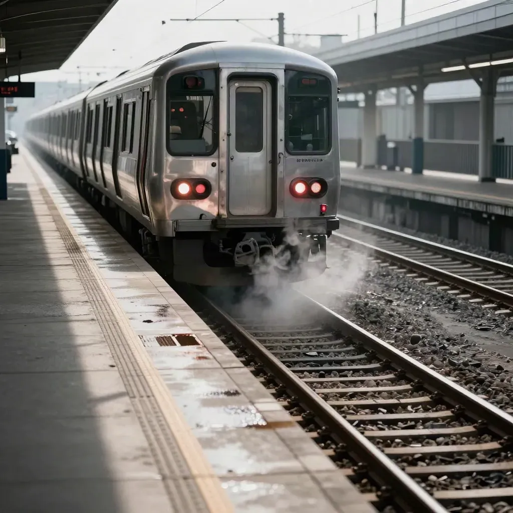 Silver commuter train arriving with red signals, wet platform, and steam on a cold morning.