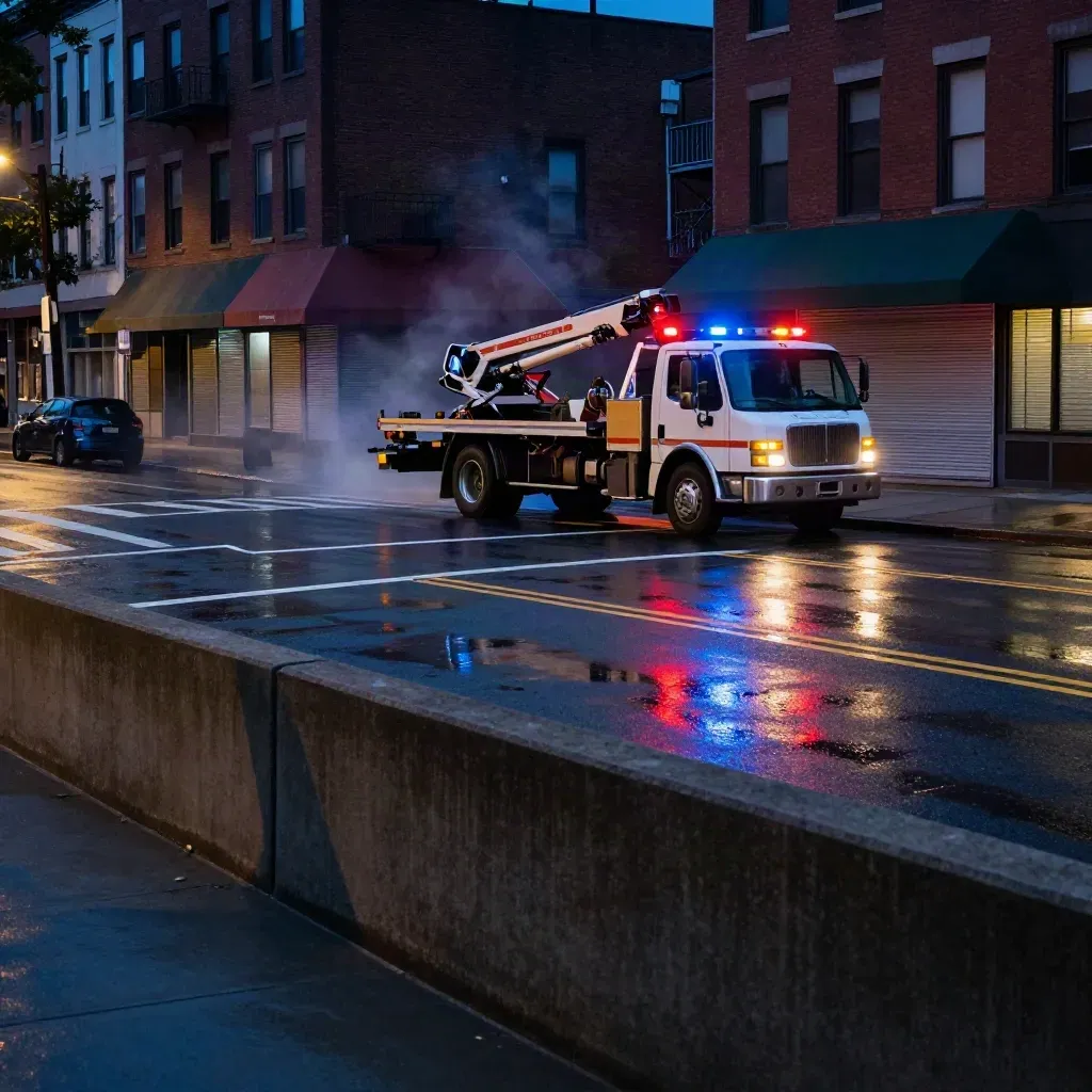 Tow truck and fire engine clearing a wet, empty night street under flashing emergency lights.