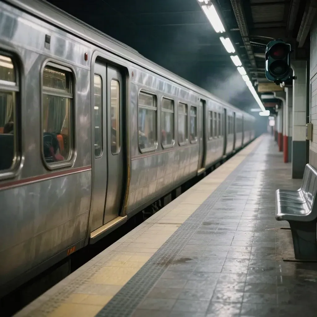 Halted silver train on an underground platform with a flickering signal and glossy tile reflections.