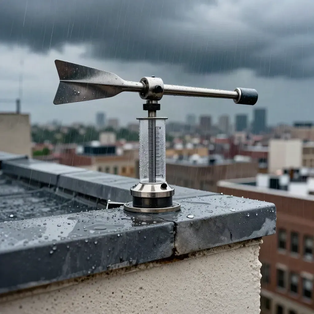 Rooftop weather instruments bent by gusts as rain reaches the city skyline.