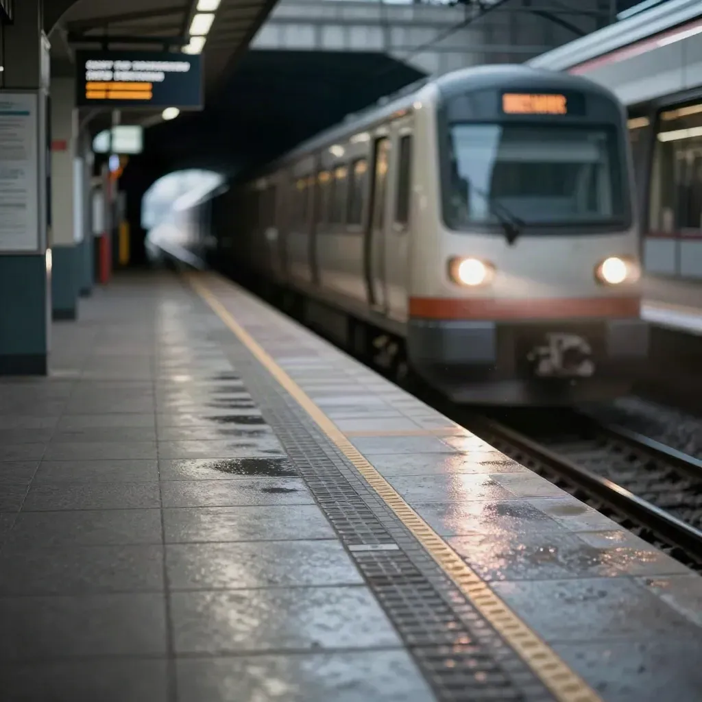 A stalled subway train idles in a hazy station tunnel beside glossy platform tiles.