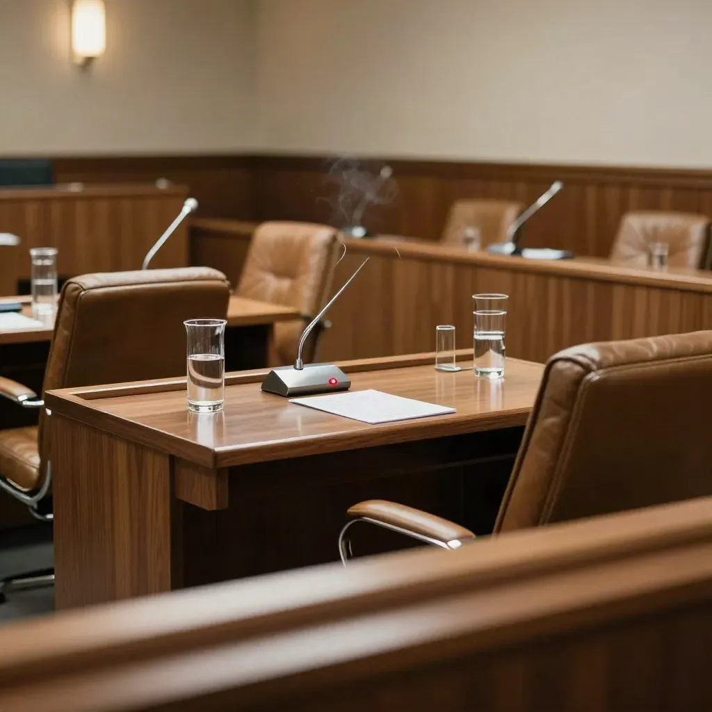 Empty city council chamber with microphones, pushed-back leather chairs, and water pitchers after a vote.
