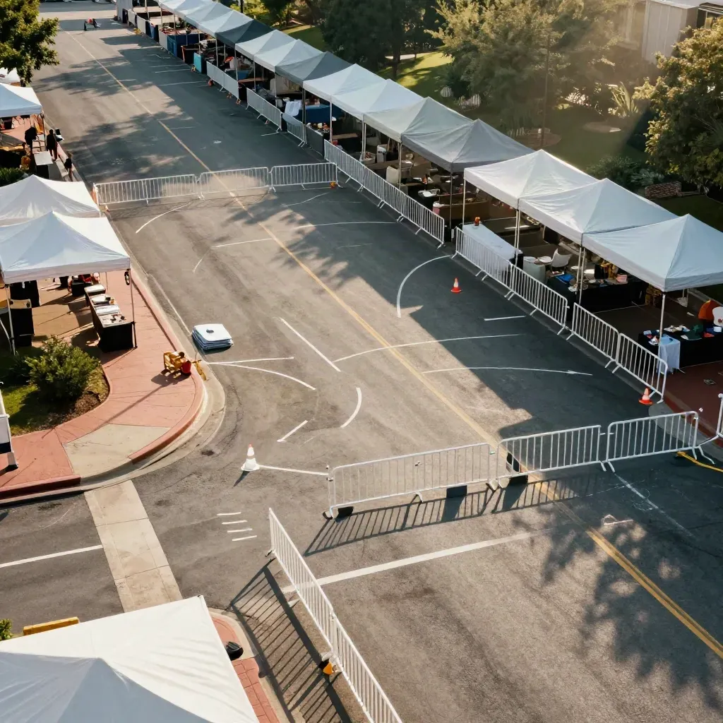 Overhead view of fair street closures, white cones, barricades, and striped tents on a city block.