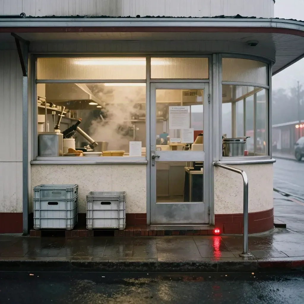 Dawn diner exterior with glowing blinds, wet sidewalk, steam, and milk crates by the door.