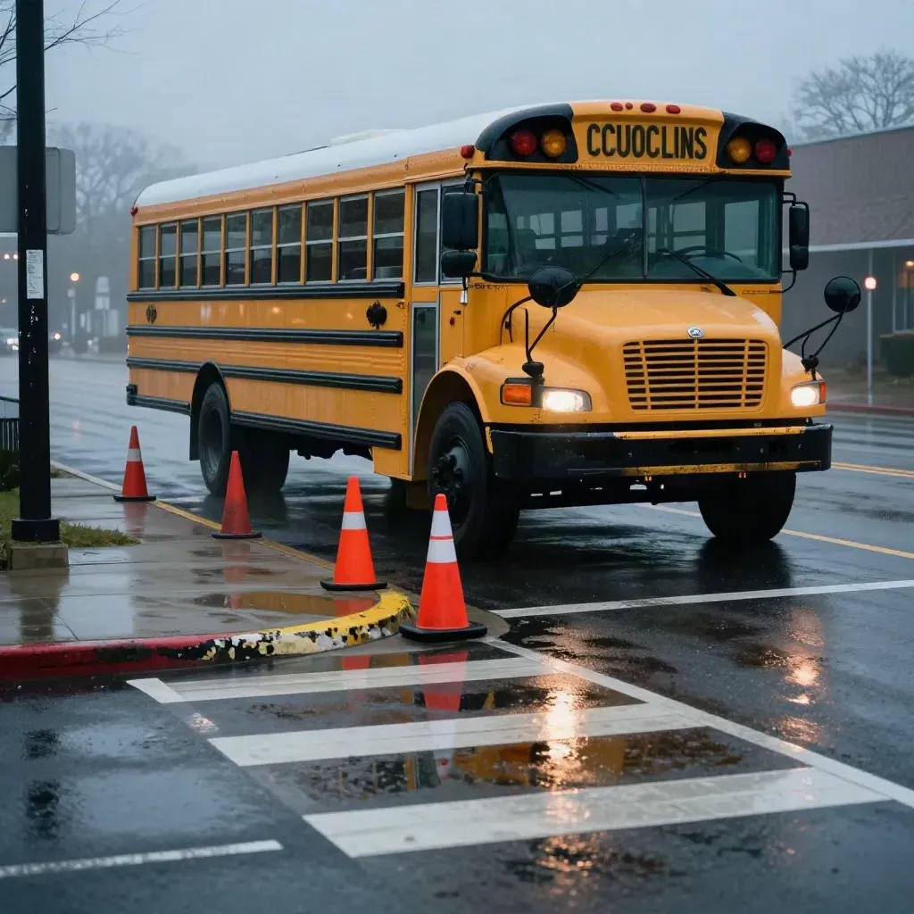Yellow school bus waiting at a wet curb beside cones before dawn.