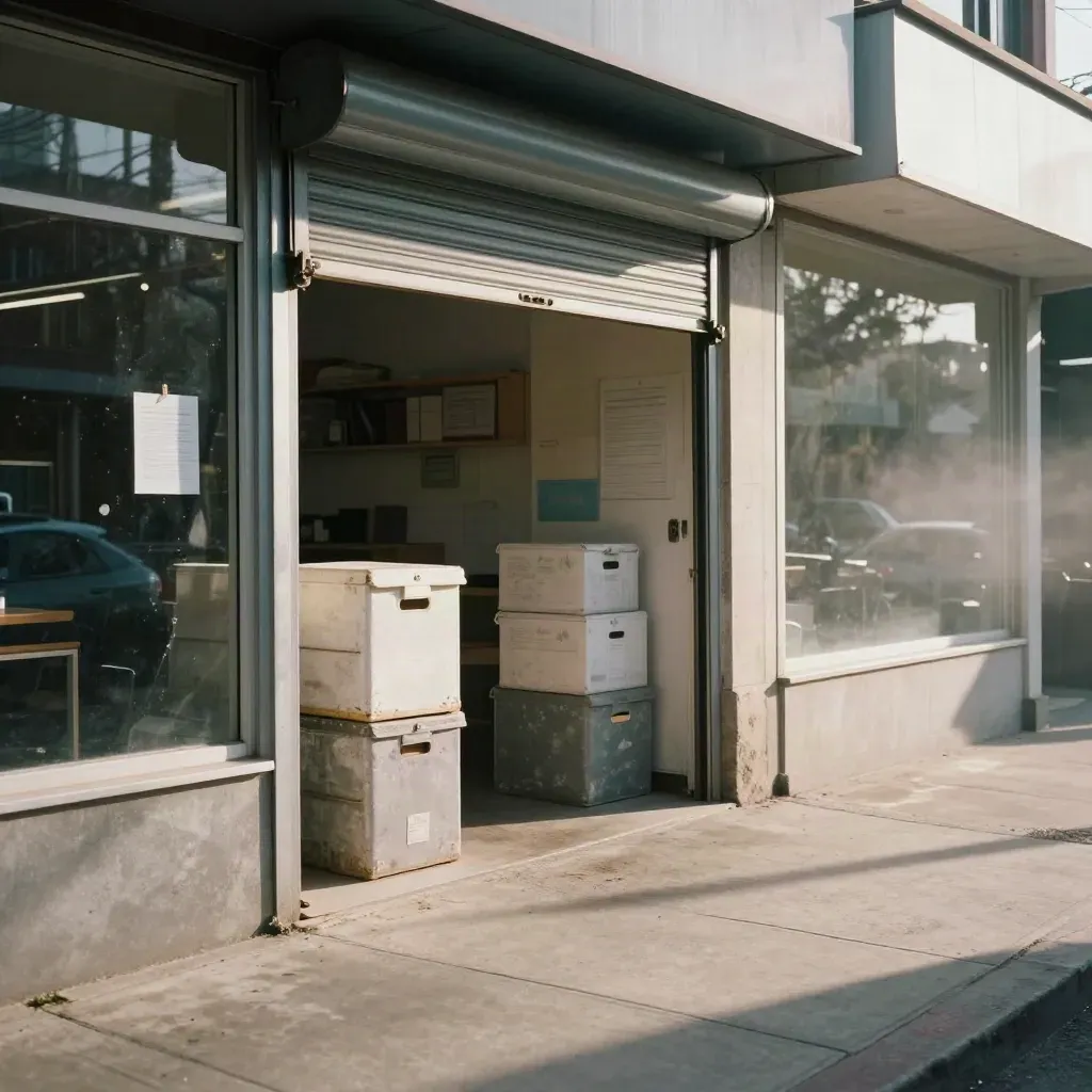Storefront gate lifting beside crates and a permit sleeve on a dusty morning street.
