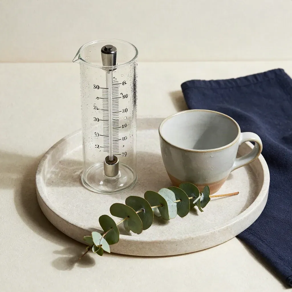 Rain gauge with water droplets, ceramic cup, and eucalyptus on a pale stone tray.