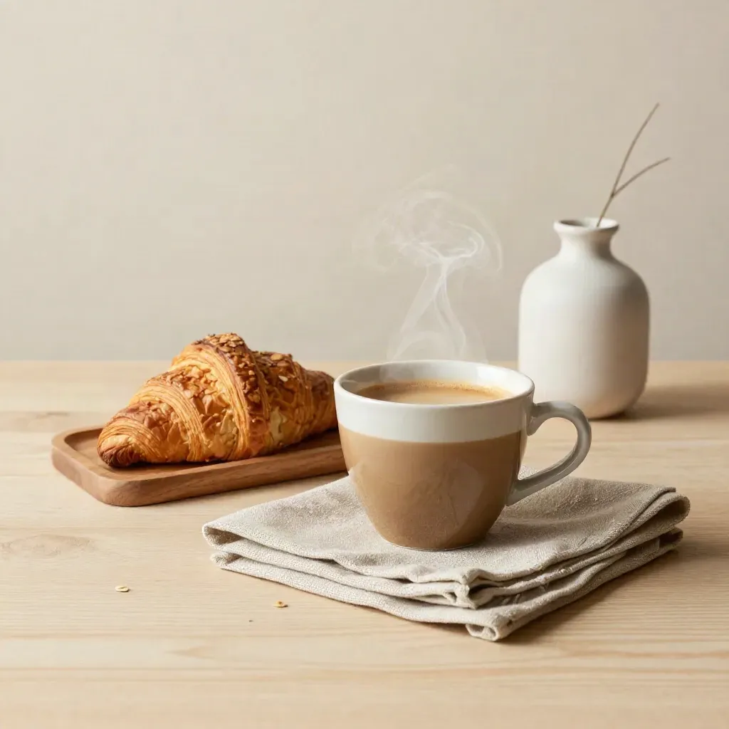 Ceramic espresso cup with croissant board, linen napkin, and tiny vase on a pale wood table.