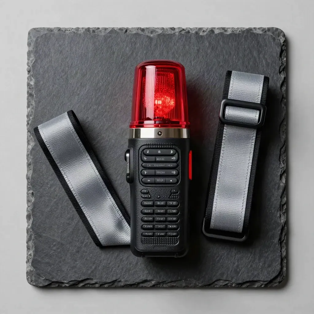 Red beacon lamp, handheld radio, and reflective armband on slate in a top-down flat lay.